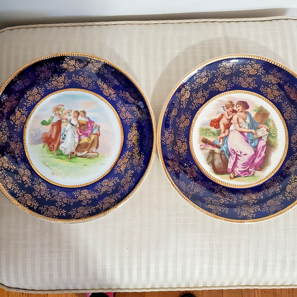 2 Antique Empire Works Cobalt Blue 22k Gold Display Plates
